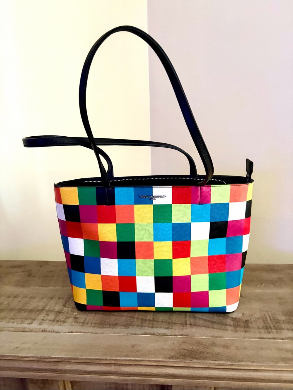 Karl Lagerfeld Multicolor Checkered Tote with Black Handles